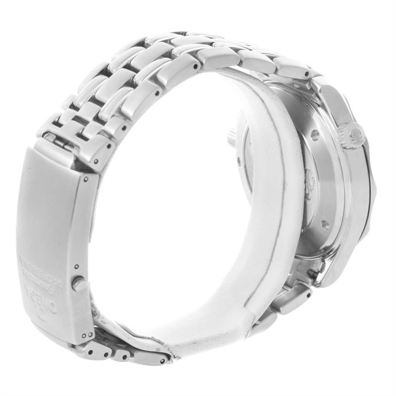 The image shows the side and rear angle of the Omega Seamaster 212.30.41.20.01.002 Men
s Stainless Steel Black Dial 212.30.41.20.01.002 Men
s Stainless Steel Black Dial watch, highlighting its bracelet and clasp.