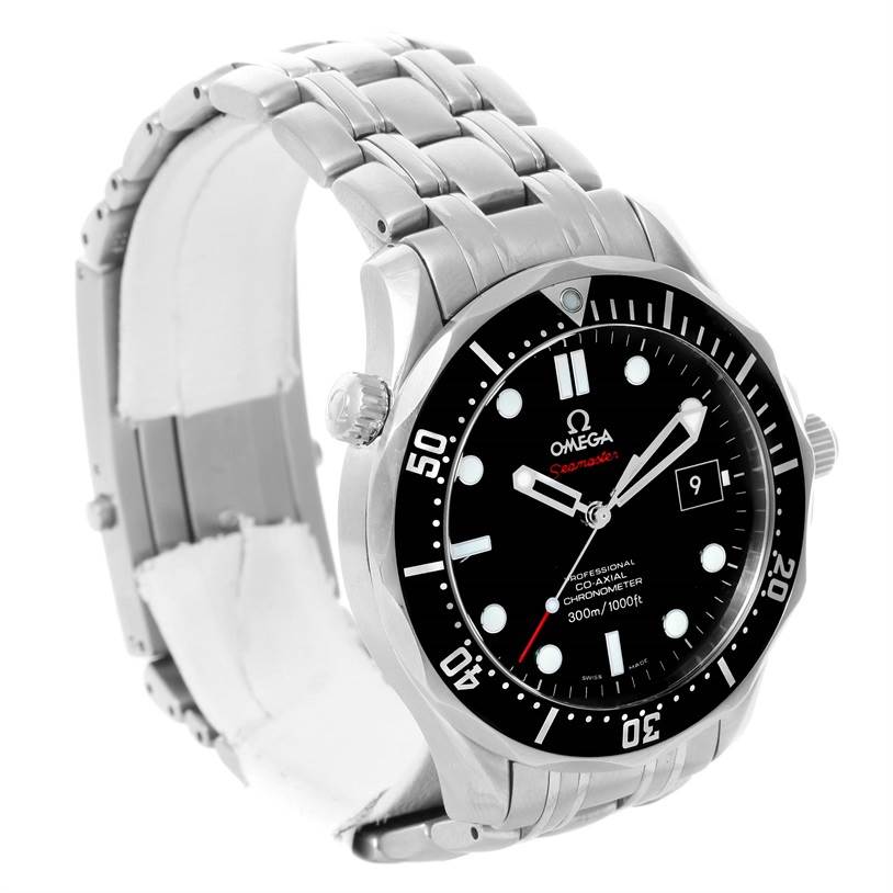 The image shows a side angle view of an Omega Seamaster 212.30.41.20.01.002 Men
s Stainless Steel Black Dial 212.30.41.20.01.002 Men
s Stainless Steel Black Dial watch, highlighting the watch face, bezel, crown, and metal bracelet.