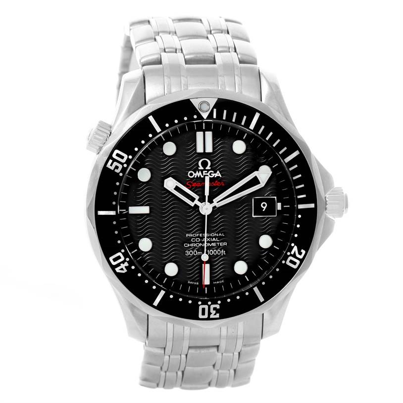 This is a head-on view of the Omega Seamaster 212.30.41.20.01.002 Men
s Stainless Steel Black Dial 212.30.41.20.01.002 Men
s Stainless Steel Black Dial watch, showing the face, bezel, crown, and metal bracelet.