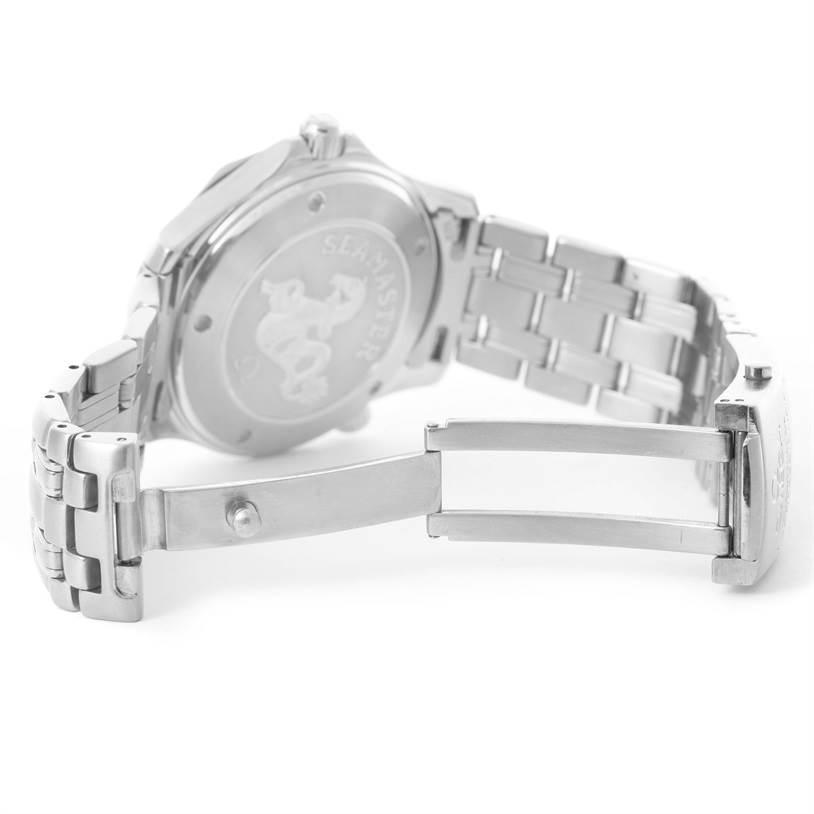 This image shows the back and partially opened metal bracelet of the Omega Seamaster 212.30.41.20.01.002 Men
s Stainless Steel Black Dial 212.30.41.20.01.002 Men
s Stainless Steel Black Dial watch, highlighting the clasp and case back.