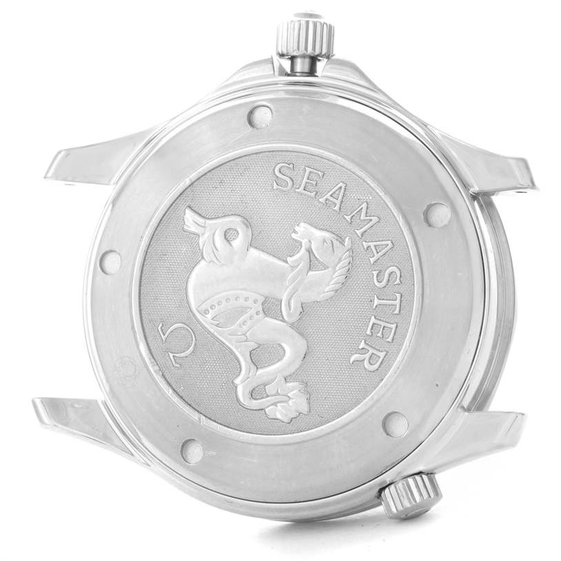 The image shows the back case of an Omega Seamaster 212.30.41.20.01.002 Men
s Stainless Steel Black Dial 212.30.41.20.01.002 Men
s Stainless Steel Black Dial watch, featuring the Seamaster logo and a crown.