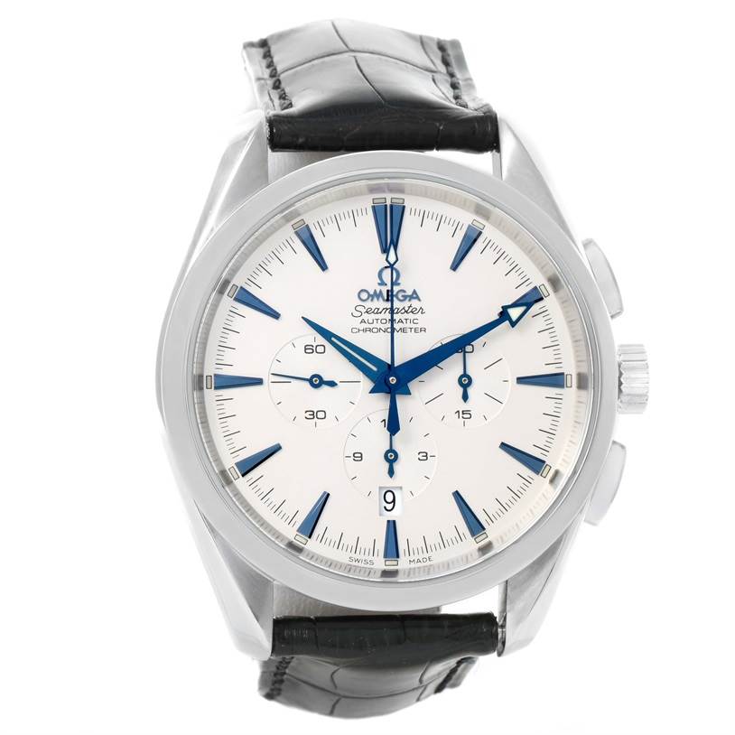 This image shows a front view of the Omega Seamaster 2812.30.37 Men
s Stainless Steel Silver Dial 2812.30.37 Men
s Stainless Steel Silver Dial watch face with its hands, subdials, and leather strap.