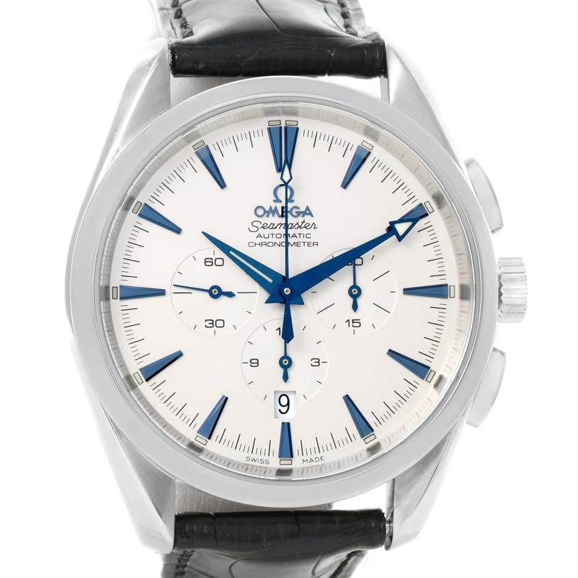 This image shows a frontal view of an Omega Seamaster 2812.30.37 Men
s Stainless Steel Silver Dial 2812.30.37 Men
s Stainless Steel Silver Dial watch, highlighting the dial, hands, subdials, and leather strap.