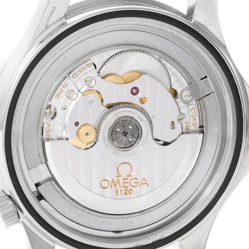 The image shows the backside and internal mechanical movement of an Omega Seamaster 2531.80.00 Men
s Stainless Steel Blue Dial 2531.80.00 Men
s Stainless Steel Blue Dial watch, model 1120.