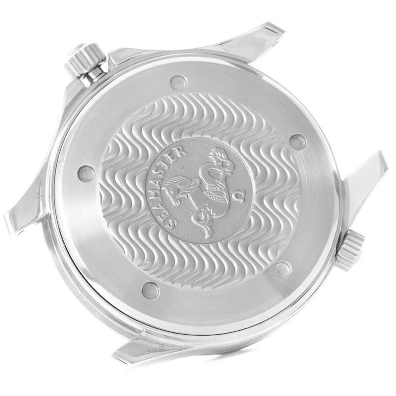 The image shows the back case of an Omega Seamaster 2531.80.00 Men
s Stainless Steel Blue Dial 2531.80.00 Men
s Stainless Steel Blue Dial watch, highlighting the engraved logo and wave pattern.