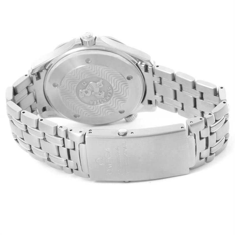 The image shows the back case and bracelet clasp of an Omega Seamaster 2531.80.00 Men
s Stainless Steel Blue Dial 2531.80.00 Men
s Stainless Steel Blue Dial watch from a rear angle.