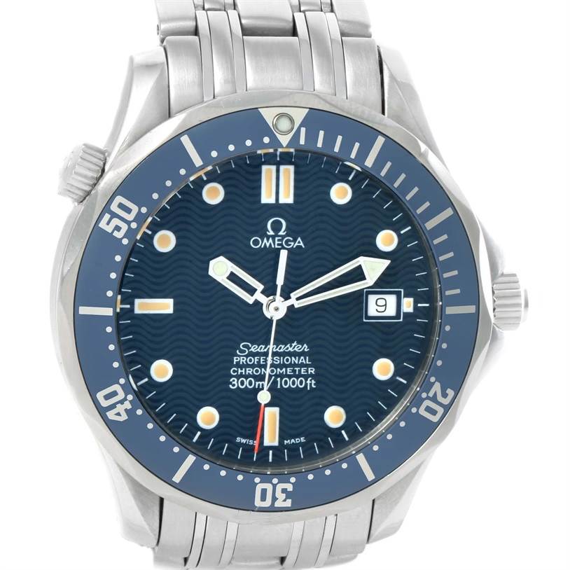 The image shows a front view of the Omega Seamaster 2531.80.00 Men
s Stainless Steel Blue Dial 2531.80.00 Men
s Stainless Steel Blue Dial Professional Chronometer, highlighting the dial, bezel, hands, and bracelet.