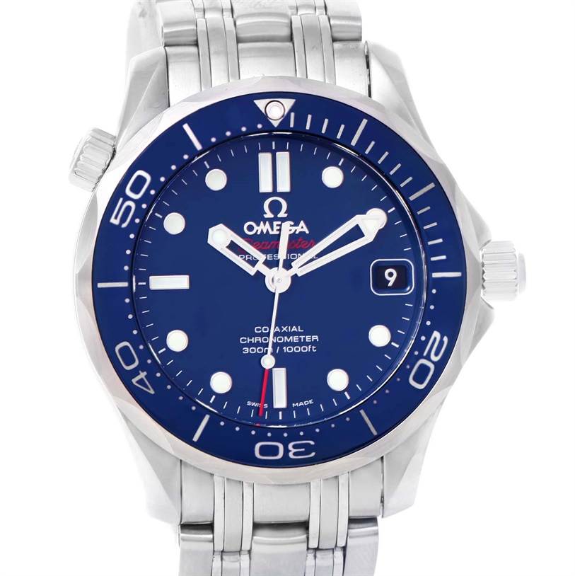 This image shows the front view of the Omega Seamaster 212.30.36.20.03.001 Men
s Stainless Steel Blue Dial 212.30.36.20.03.001 Men
s Stainless Steel Blue Dial watch, highlighting the blue dial, bezel, and stainless steel bracelet.