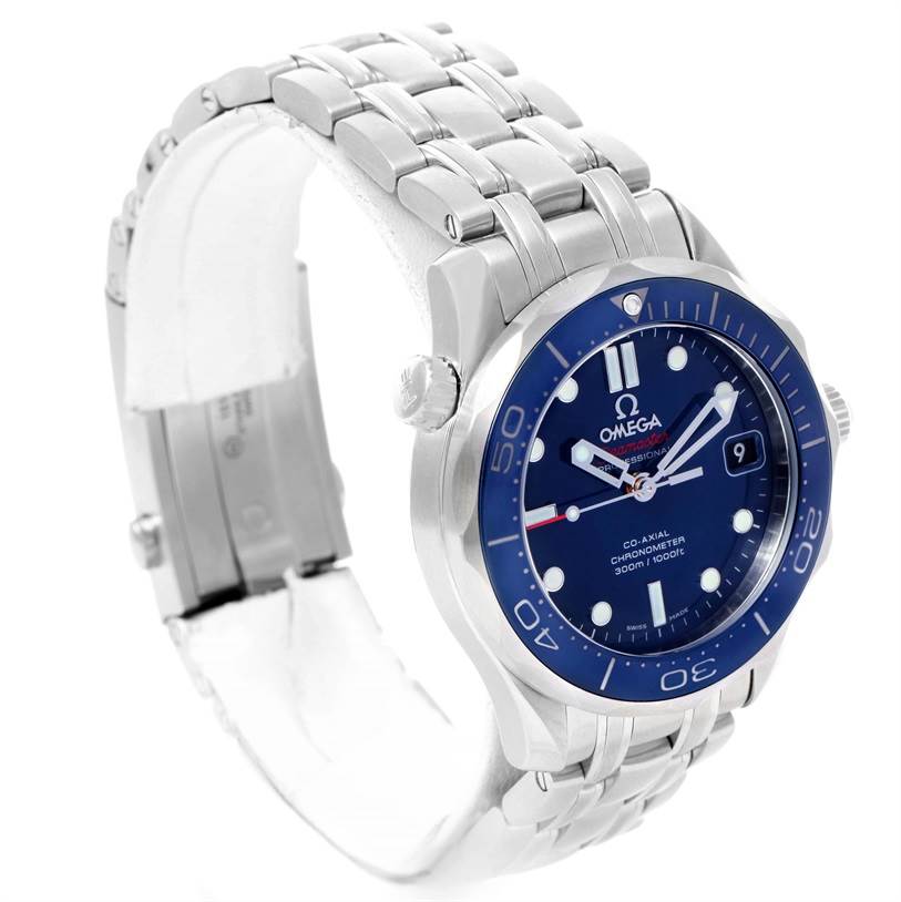 The Omega Seamaster 212.30.36.20.03.001 Men
s Stainless Steel Blue Dial 212.30.36.20.03.001 Men
s Stainless Steel Blue Dial watch is shown from an angled front view, highlighting the dial, bezel, and bracelet.