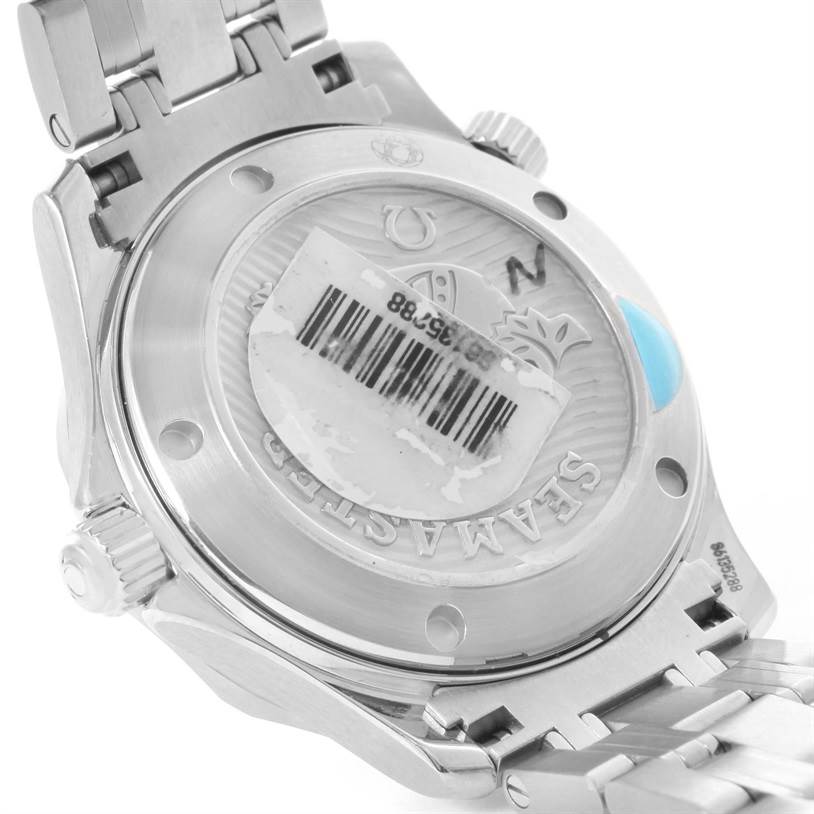 The image shows the back case and a portion of the metal bracelet of an Omega Seamaster 212.30.36.20.03.001 Men
s Stainless Steel Blue Dial 212.30.36.20.03.001 Men
s Stainless Steel Blue Dial watch.