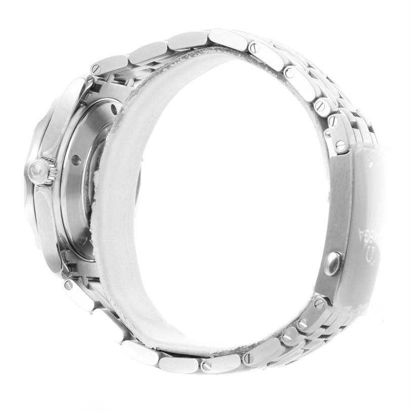 The image shows a side view of the Omega Seamaster 212.30.36.20.03.001 Men
s Stainless Steel Blue Dial 212.30.36.20.03.001 Men
s Stainless Steel Blue Dial watch, focusing on its metallic bracelet and partially visible case.