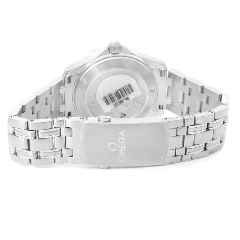 This image shows the back case and metal bracelet, including the clasp, of an Omega Seamaster 212.30.36.20.03.001 Men
s Stainless Steel Blue Dial 212.30.36.20.03.001 Men
s Stainless Steel Blue Dial watch from a rear angle.