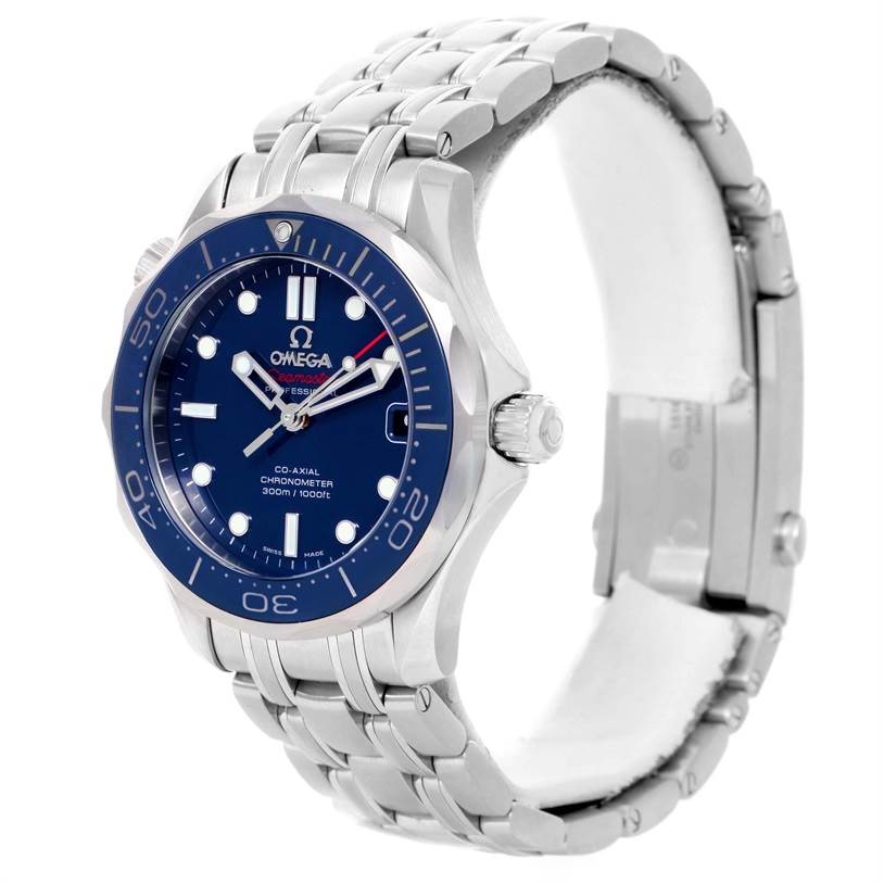 The image shows an Omega Seamaster 212.30.36.20.03.001 Men
s Stainless Steel Blue Dial 212.30.36.20.03.001 Men
s Stainless Steel Blue Dial watch from a three-quarter angle, highlighting the face, bezel, crown, and bracelet.
