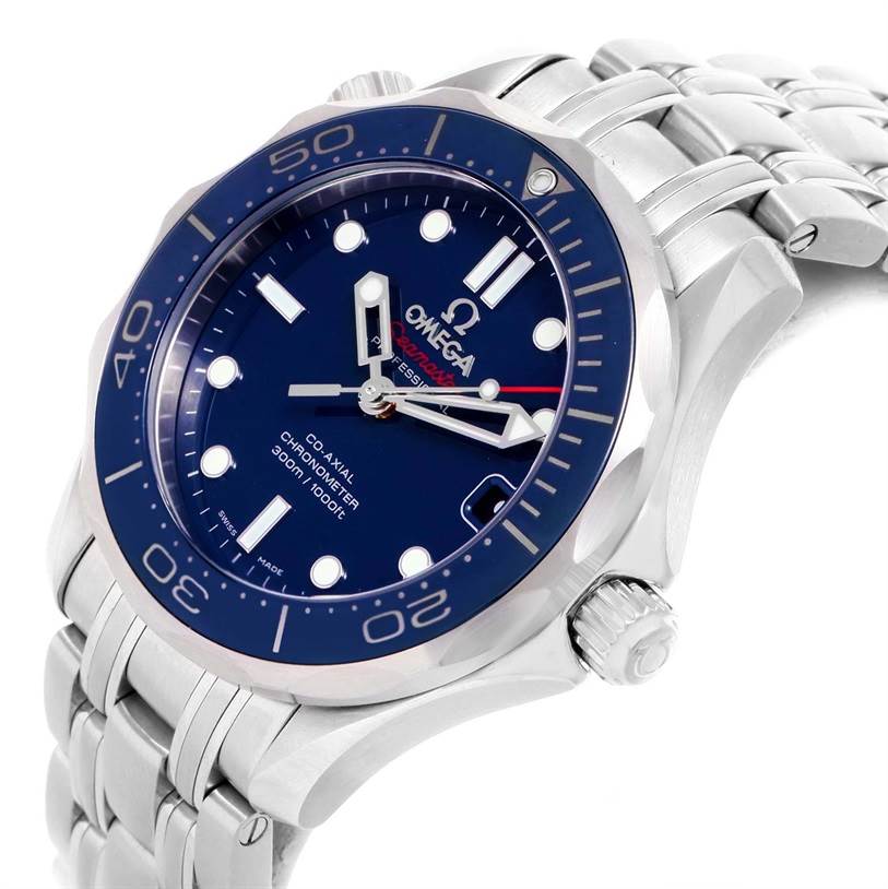 The image shows an Omega Seamaster 212.30.36.20.03.001 Men
s Stainless Steel Blue Dial 212.30.36.20.03.001 Men
s Stainless Steel Blue Dial watch at an angled side view, displaying the bezel, crown, dial, and bracelet.
