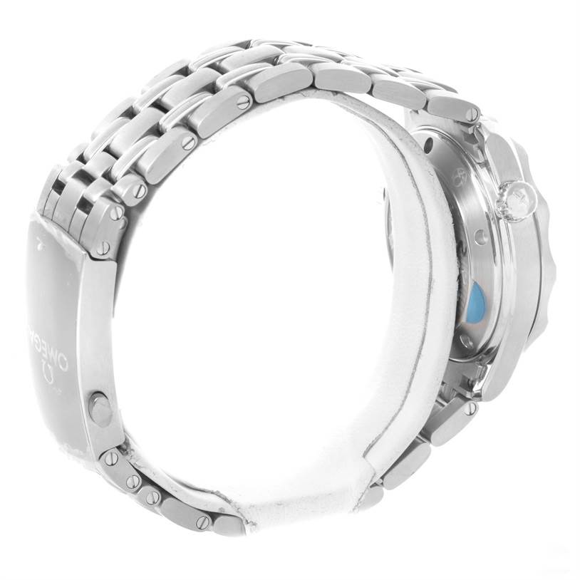 The image shows a side view of an Omega Seamaster 212.30.36.20.03.001 Men
s Stainless Steel Blue Dial 212.30.36.20.03.001 Men
s Stainless Steel Blue Dial watch, focusing on the bracelet and clasp, with a partial view of the case and crown.