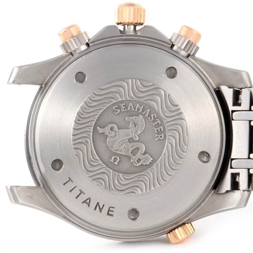 The image shows the back of the Omega Seamaster 2296.80.00 Titanium Blue Dial 2296.80.00 Titanium Blue Dial watch, featuring the engraved logo and titanium markings.