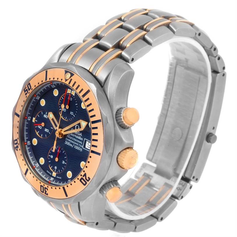 The image shows an Omega Seamaster 2296.80.00 Titanium Blue Dial 2296.80.00 Titanium Blue Dial watch from an angled side view, featuring its face, bezel, crowns, and part of the bracelet.