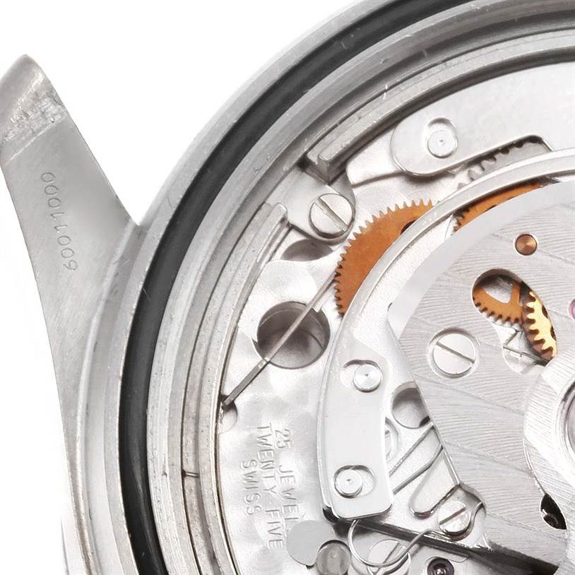 This image shows a close-up view of the internal mechanism of an Omega Seamaster 2296.80.00 Titanium Blue Dial 2296.80.00 Titanium Blue Dial watch, highlighting its gears and components.