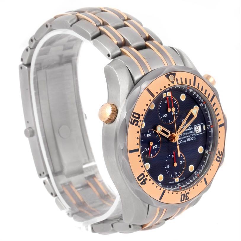 The image shows a side and partial front view of the Omega Seamaster 2296.80.00 Titanium Blue Dial 2296.80.00 Titanium Blue Dial watch, highlighting its bezel, dial, case, and bracelet.