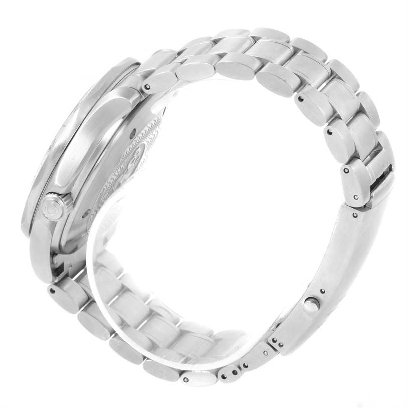 The image shows a side view of the Omega Seamaster 2538.20.00 Men
s Stainless Steel White Dial 2538.20.00 Men
s Stainless Steel White Dial watch, highlighting its stainless steel bracelet and case.