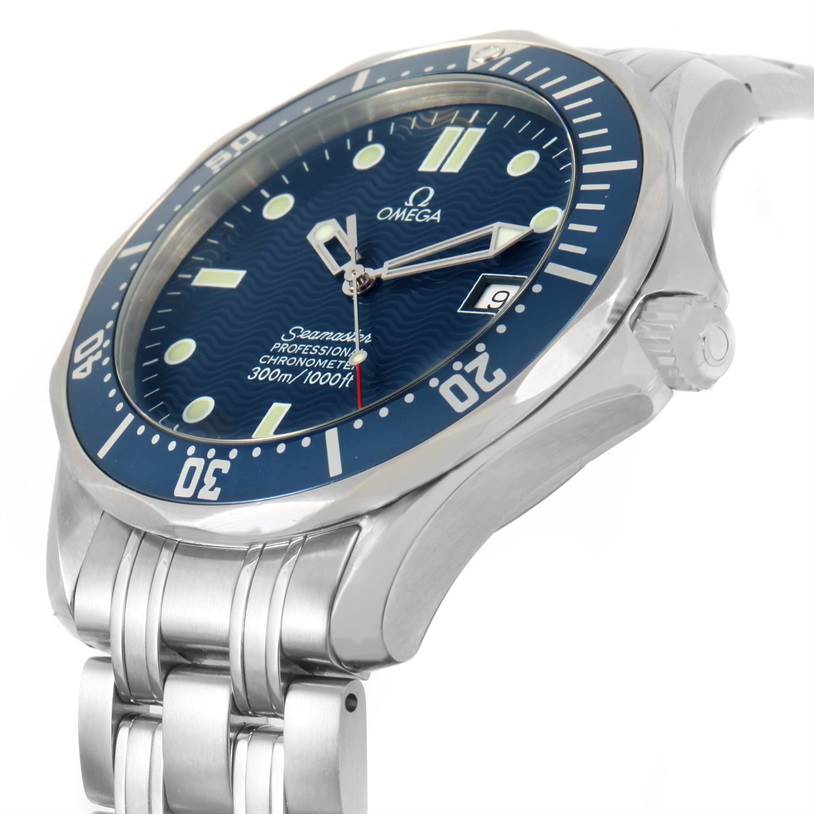 The watch in the image is an Omega Seamaster 2531.80.00 Men
s Stainless Steel Blue Dial 2531.80.00 Men
s Stainless Steel Blue Dial model, viewed from an angle showing the face, bezel, and part of the stainless steel bracelet.