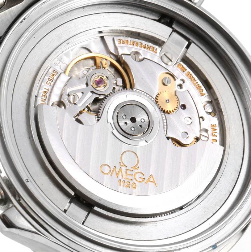 This is a close-up of the Omega Seamaster 2531.80.00 Men
s Stainless Steel Blue Dial 2531.80.00 Men
s Stainless Steel Blue Dial
s movement from the back, showcasing its intricate mechanics and Omega branding.