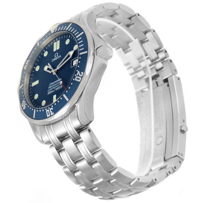 The Omega Seamaster 2531.80.00 Men
s Stainless Steel Blue Dial 2531.80.00 Men
s Stainless Steel Blue Dial watch is shown from an angled side view, highlighting the face, bezel, and metal bracelet.