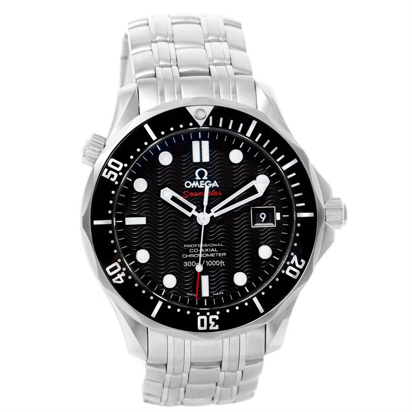The image shows a front view of the Omega Seamaster 212.30.41.20.01.002 Men
s Stainless Steel Black Dial 212.30.41.20.01.002 Men
s Stainless Steel Black Dial watch, displaying the dial, bezel, and part of the bracelet.
