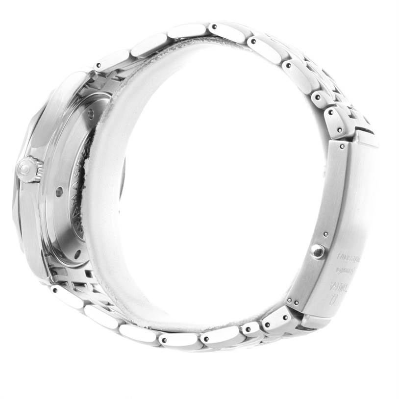 This image shows a side view of the Omega Seamaster 212.30.41.20.01.002 Men
s Stainless Steel Black Dial 212.30.41.20.01.002 Men
s Stainless Steel Black Dial watch, highlighting the crown, case, and bracelet.