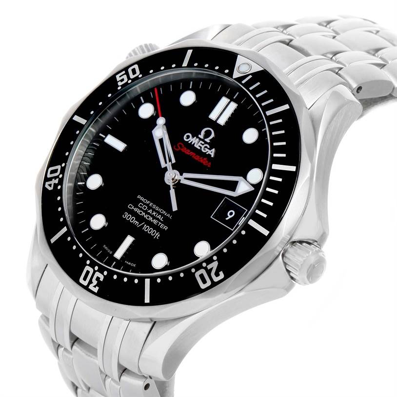 This image shows a close-up angle of the Omega Seamaster 212.30.41.20.01.002 Men
s Stainless Steel Black Dial 212.30.41.20.01.002 Men
s Stainless Steel Black Dial watch, highlighting the black dial, bezel, stainless steel bracelet, and crown.