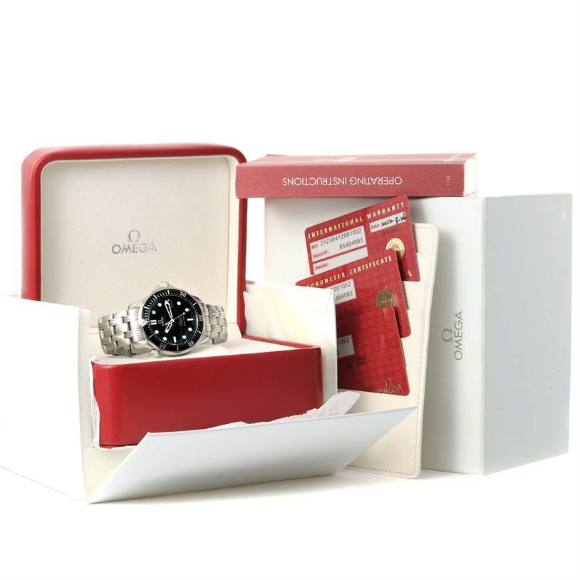 The image shows an Omega Seamaster 212.30.41.20.01.002 Men
s Stainless Steel Black Dial 212.30.41.20.01.002 Men
s Stainless Steel Black Dial watch, its packaging, warranty cards, and operating instructions from a frontal angle.