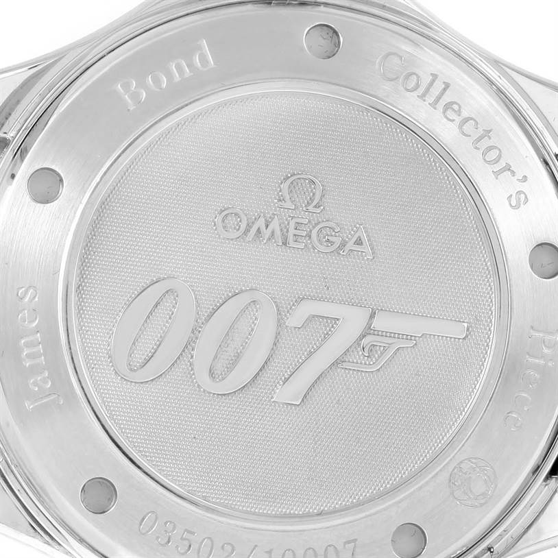 This image shows the case back of an Omega Seamaster 212.30.41.20.01.001 Men
s Stainless Steel Black Dial 212.30.41.20.01.001 Men
s Stainless Steel Black Dial James Bond Collector
s Piece watch featuring the "007" insignia.