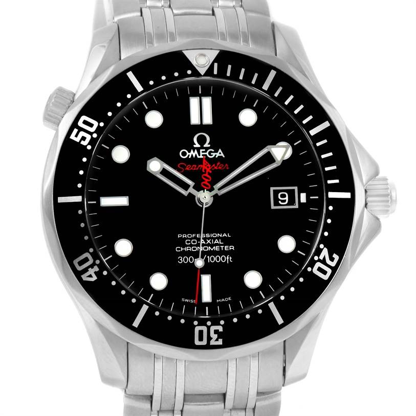 The image shows a front view of the Omega Seamaster 212.30.41.20.01.001 Men
s Stainless Steel Black Dial 212.30.41.20.01.001 Men
s Stainless Steel Black Dial watch, displaying the face, bezel, and part of the metal strap.