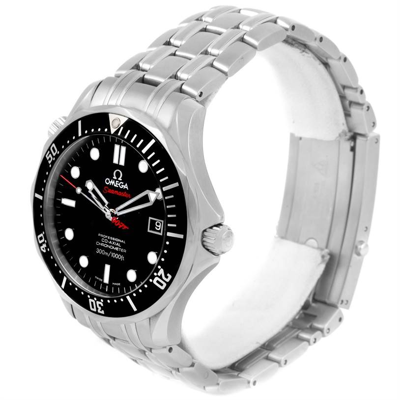 The watch, Omega Seamaster 212.30.41.20.01.001 Men
s Stainless Steel Black Dial 212.30.41.20.01.001 Men
s Stainless Steel Black Dial, is shown from a side angle displaying the face, bezel, crown, and metal bracelet.