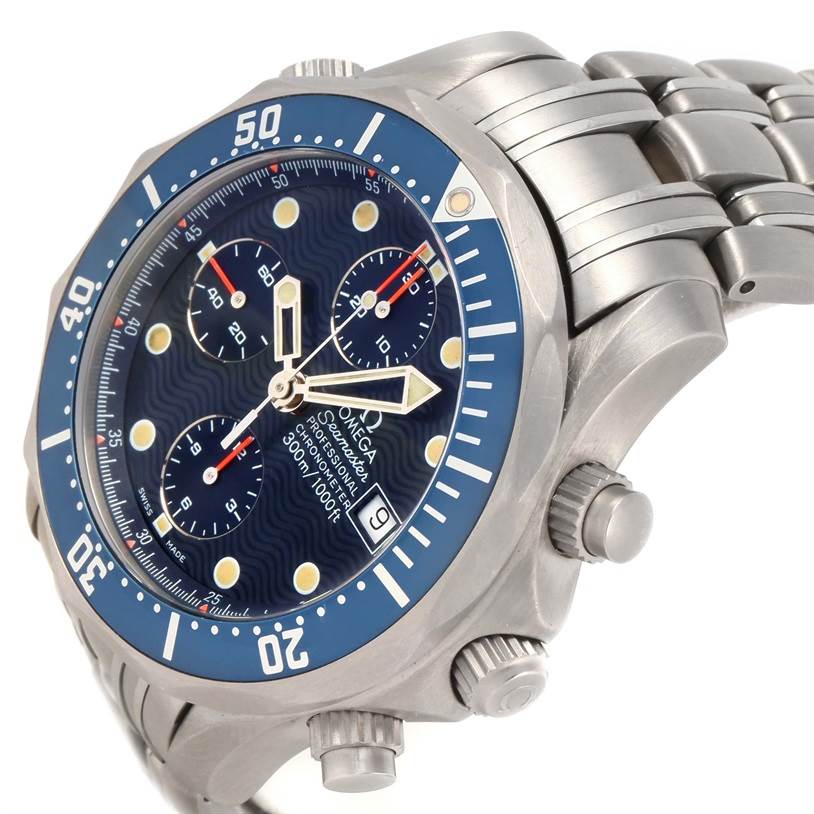 The image shows a side-angle view of an Omega Seamaster 2298.80.00 Men's Titanium Blue Dial 2298.80.00 Men's Titanium Blue Dial watch highlighting its dial, bezel, and part of the bracelet.