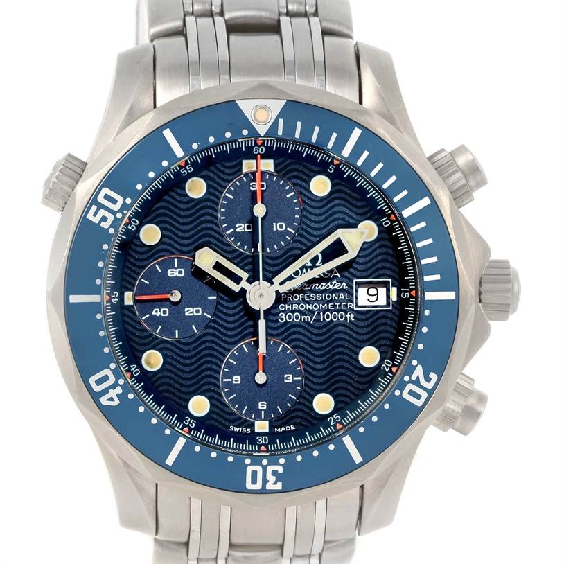 The image shows a front view of the Omega Seamaster 2298.80.00 Men's Titanium Blue Dial 2298.80.00 Men's Titanium Blue Dial watch, displaying its face, bezel, and stainless steel band.