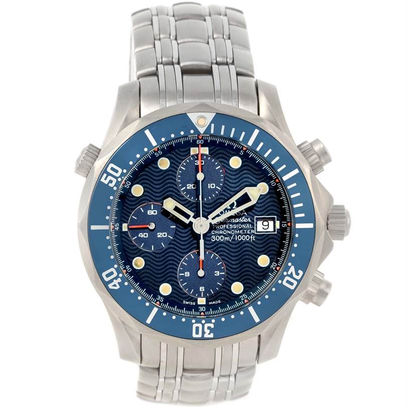 This image displays an Omega Seamaster 2298.80.00 Men's Titanium Blue Dial 2298.80.00 Men's Titanium Blue Dial watch from a front view, highlighting its face, bezel, and bracelet.