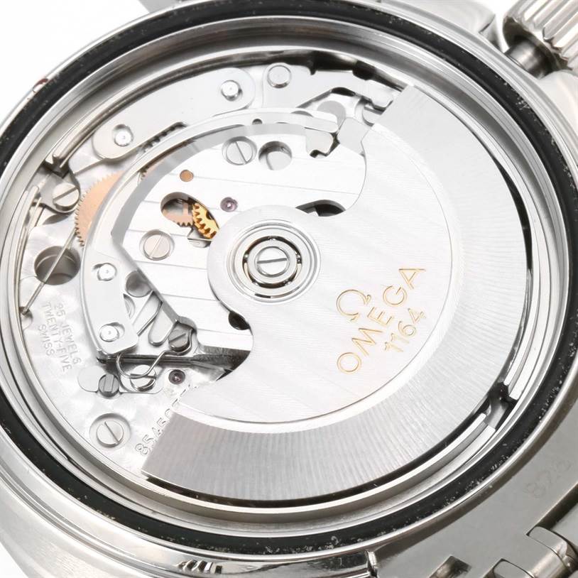 The image shows a close-up view of the Omega Seamaster 213.30.42.40.01.001 Men
s Stainless Steel Black Dial 213.30.42.40.01.001 Men
s Stainless Steel Black Dial
s open caseback, revealing its mechanical movement and rotor.