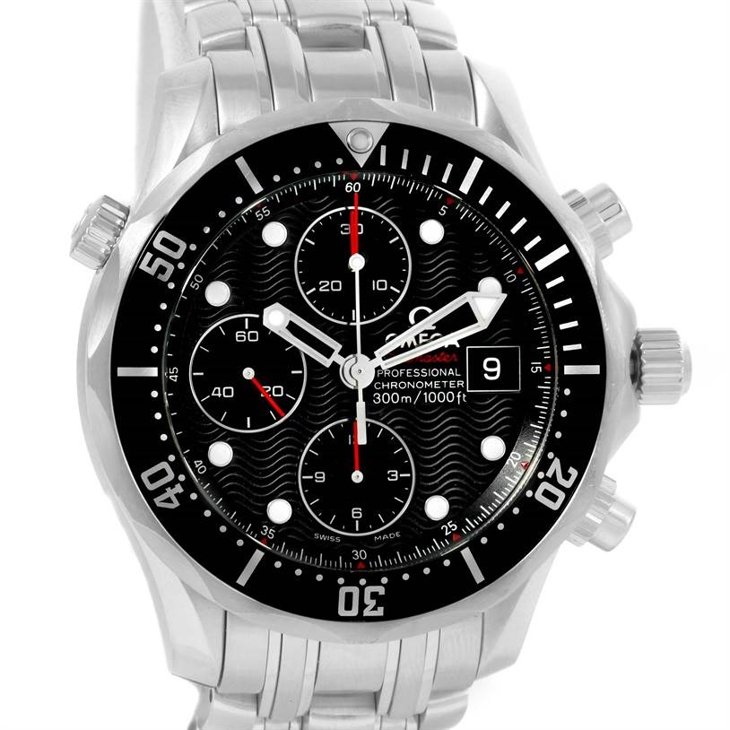 The image shows a front-angle view of an Omega Seamaster 213.30.42.40.01.001 Men
s Stainless Steel Black Dial 213.30.42.40.01.001 Men
s Stainless Steel Black Dial watch, displaying the bracelet, bezel, and dial with chronograph and date functions.