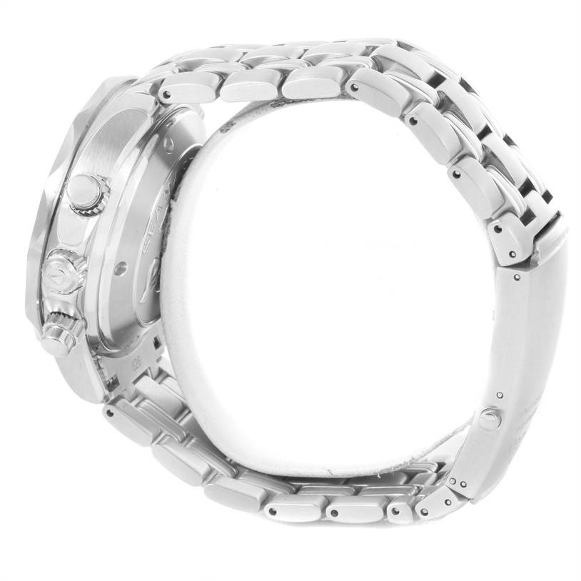 The image shows a side view of the Omega Seamaster 213.30.42.40.01.001 Men
s Stainless Steel Black Dial 213.30.42.40.01.001 Men
s Stainless Steel Black Dial, focusing on the case and metal bracelet.