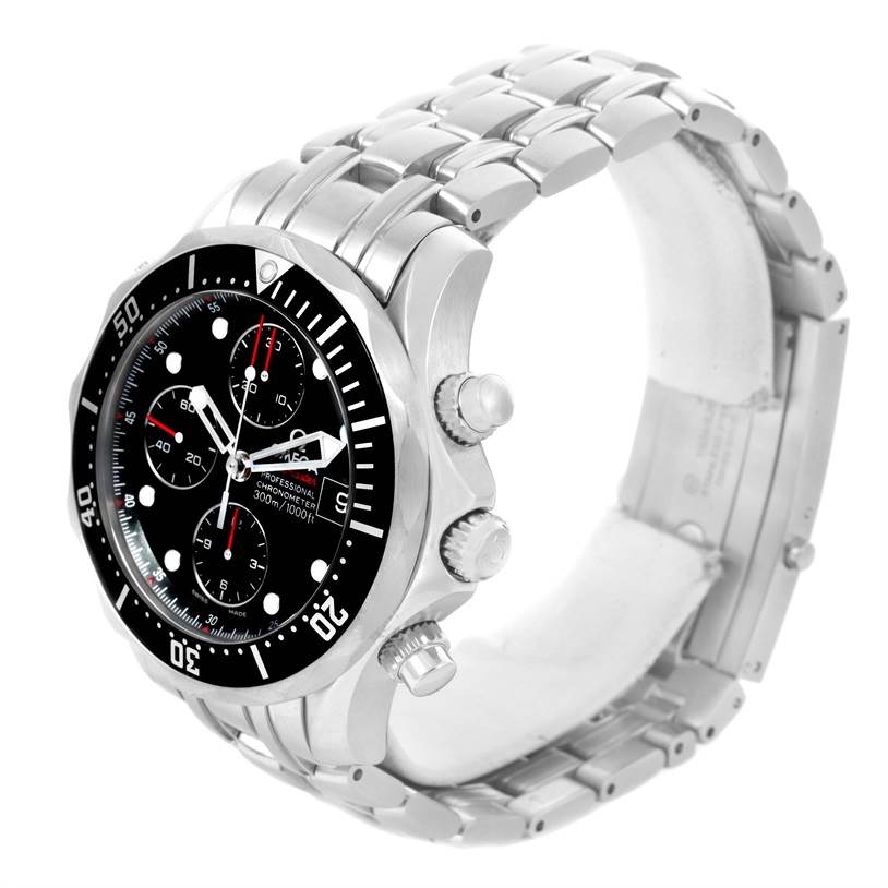 The image shows an Omega Seamaster 213.30.42.40.01.001 Men
s Stainless Steel Black Dial 213.30.42.40.01.001 Men
s Stainless Steel Black Dial watch at an angle highlighting the face, bezel, pushers, and part of the stainless steel bracelet.