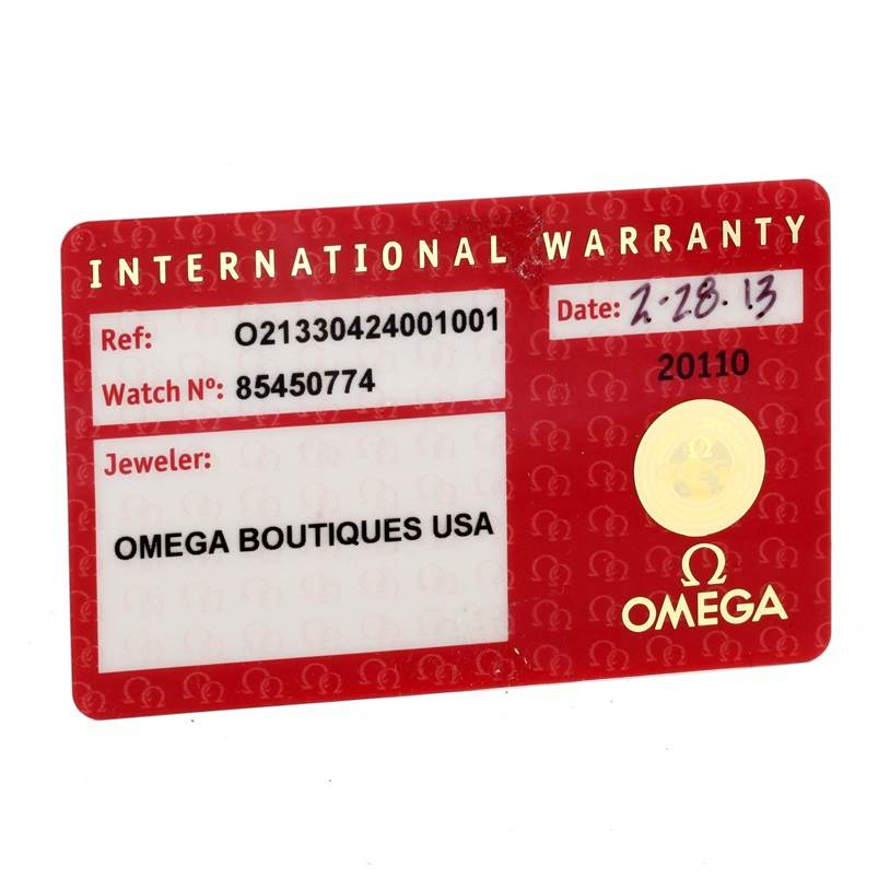 The image shows an Omega Seamaster 213.30.42.40.01.001 Men
s Stainless Steel Black Dial 213.30.42.40.01.001 Men
s Stainless Steel Black Dial watch
s International Warranty card with reference, watch number, jeweler, and date details.