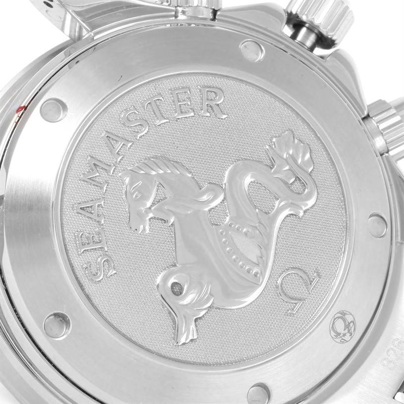 This is a close-up of the backside of an Omega Seamaster 213.30.42.40.01.001 Men
s Stainless Steel Black Dial 213.30.42.40.01.001 Men
s Stainless Steel Black Dial watch, showcasing the engraved logo and textured detailing.