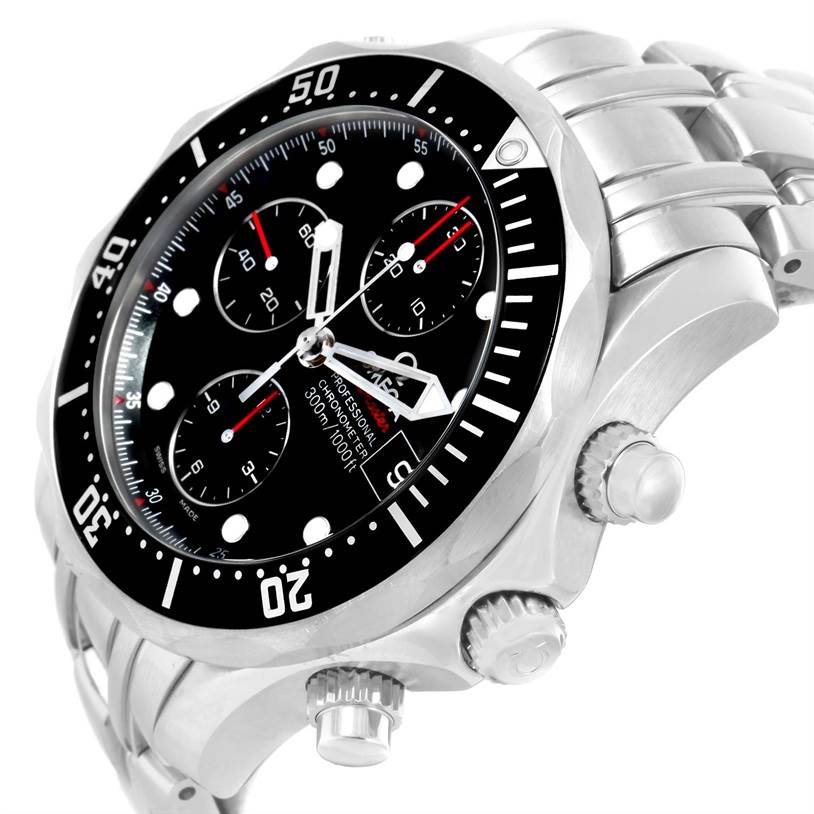 The image shows the Omega Seamaster 213.30.42.40.01.001 Men
s Stainless Steel Black Dial 213.30.42.40.01.001 Men
s Stainless Steel Black Dial watch from a side angle, highlighting its dial, bezel, and crown.