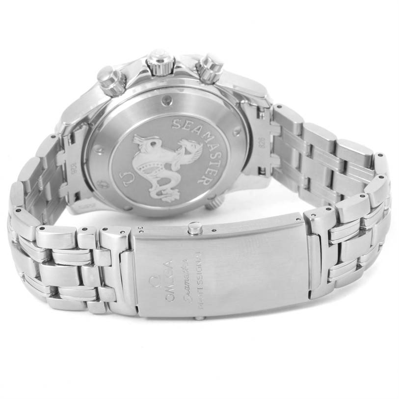 The image shows the back view of an Omega Seamaster 213.30.42.40.01.001 Men
s Stainless Steel Black Dial 213.30.42.40.01.001 Men
s Stainless Steel Black Dial watch, highlighting the case back, clasp, and part of the bracelet.