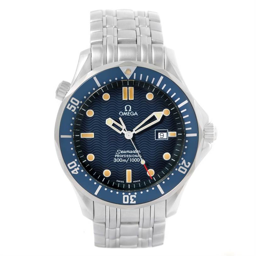 The image shows a front view of the Omega Seamaster 2541.80.00 Men
s Stainless Steel Blue Dial 2541.80.00 Men
s Stainless Steel Blue Dial watch, displaying the dial, bezel, hands, date window, and part of the bracelet.