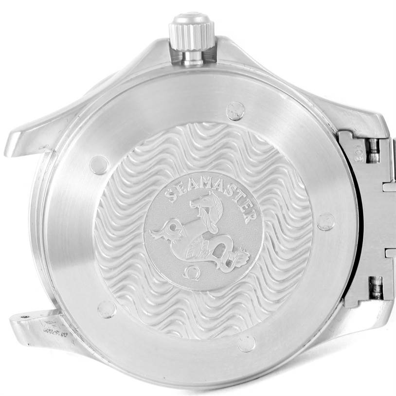 The image shows the case back of an Omega Seamaster 2538.20.00 Men
s Stainless Steel White Dial 2538.20.00 Men
s Stainless Steel White Dial watch with the crown and part of the lug visible.