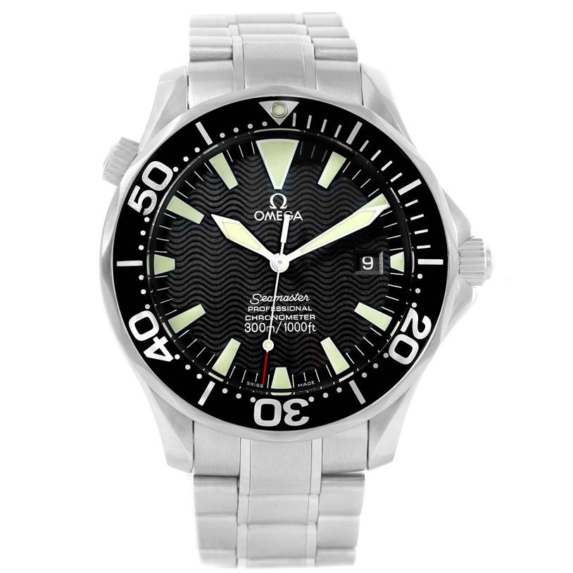 The image shows a front view of an Omega Seamaster 2254.50.00 Men's Stainless Steel Black Dial 2254.50.00 Men's Stainless Steel Black Dial watch, highlighting the dial, bezel, hands, and bracelet.