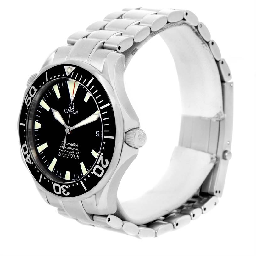 The image shows a front-side view of an Omega Seamaster 2254.50.00 Men's Stainless Steel Black Dial 2254.50.00 Men's Stainless Steel Black Dial watch, highlighting its bezel, dial, hands, bracelet, and crown.