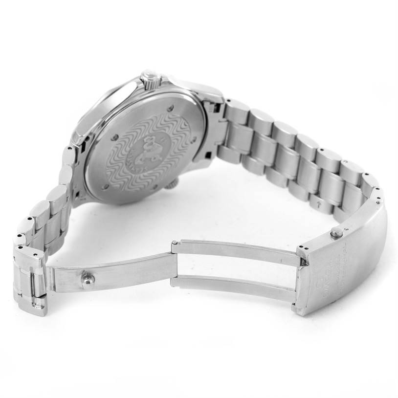 The image shows the back and clasp of an Omega Seamaster 2254.50.00 Men's Stainless Steel Black Dial 2254.50.00 Men's Stainless Steel Black Dial watch at an angle.